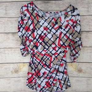 Alfani Ruched 3/4 Sleeve Pattern Top Blouse M